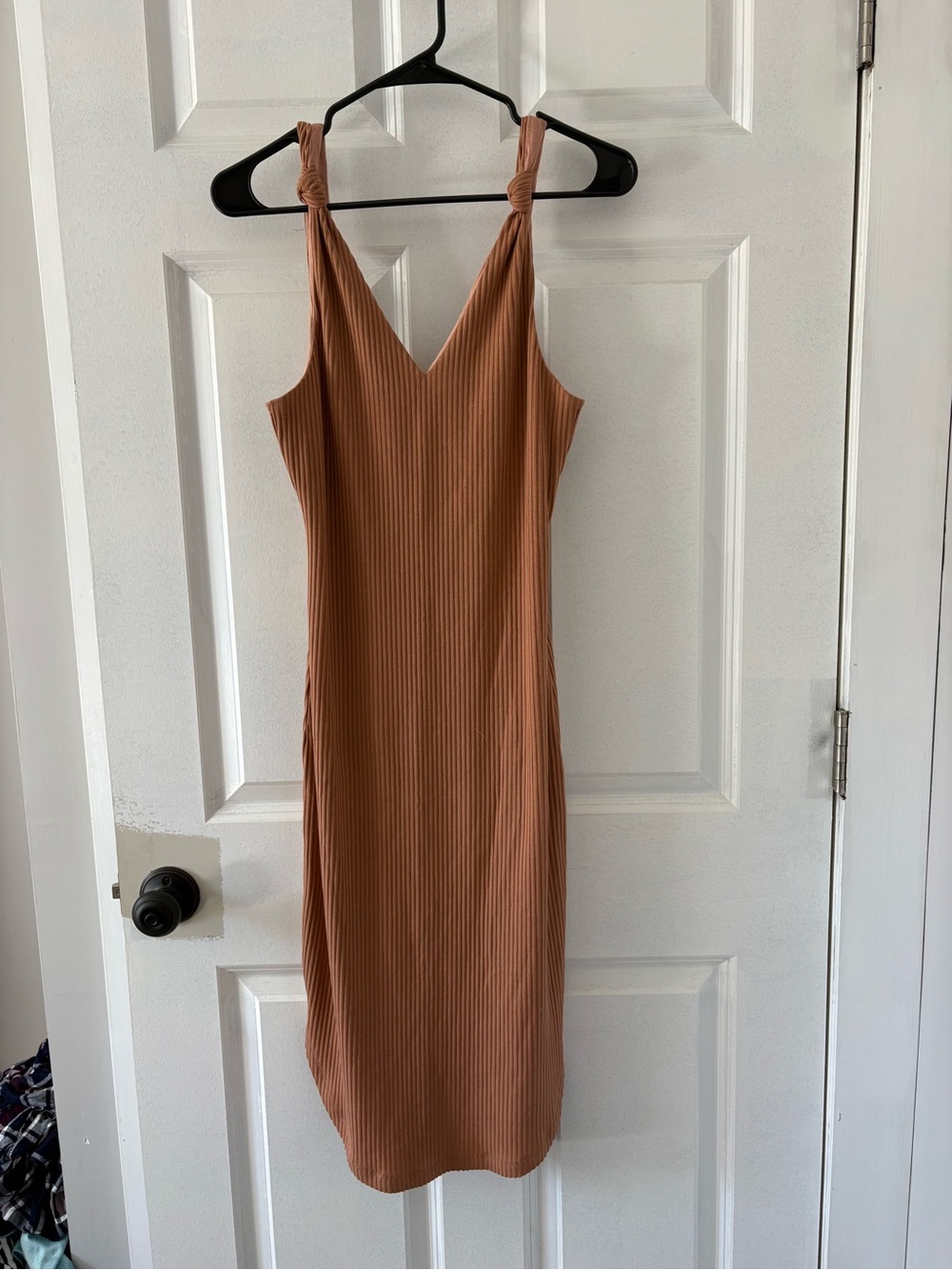 Miss Me Knotted-Strap Ribbed Midi Dress - Rust Brown